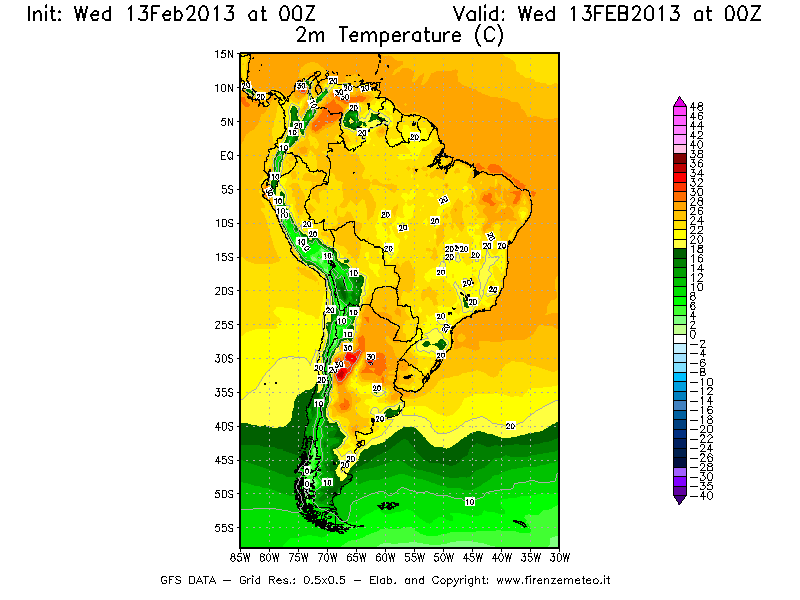Mappa di analisi GFS - Temperatura a 2 metri dal suolo [°C] in Sud-America
							del 13/02/2013 00 <!--googleoff: index-->UTC<!--googleon: index-->