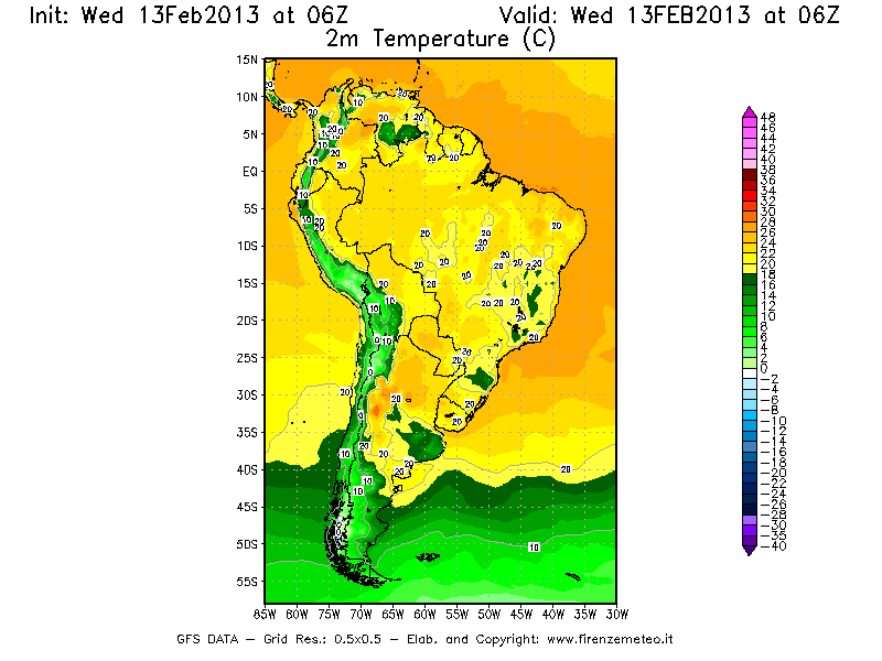 Mappa di analisi GFS - Temperatura a 2 metri dal suolo [°C] in Sud-America
							del 13/02/2013 06 <!--googleoff: index-->UTC<!--googleon: index-->
