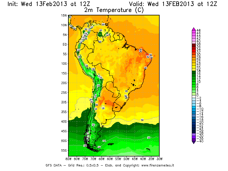 Mappa di analisi GFS - Temperatura a 2 metri dal suolo [°C] in Sud-America
							del 13/02/2013 12 <!--googleoff: index-->UTC<!--googleon: index-->