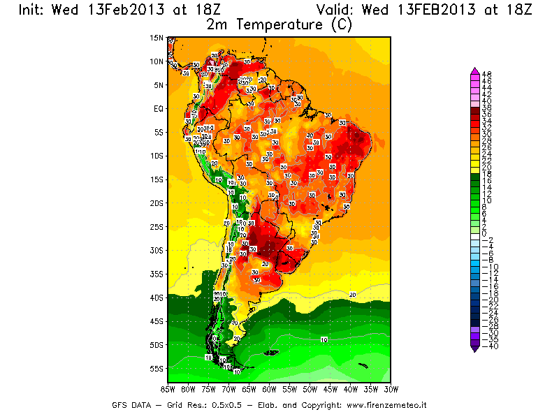 Mappa di analisi GFS - Temperatura a 2 metri dal suolo [°C] in Sud-America
							del 13/02/2013 18 <!--googleoff: index-->UTC<!--googleon: index-->