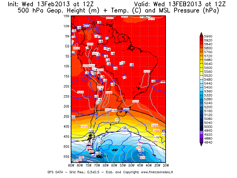 Mappa di analisi GFS - Geopotenziale [m] + Temp. [°C] a 500 hPa + Press. a livello del mare [hPa] in Sud-America
							del 13/02/2013 12 <!--googleoff: index-->UTC<!--googleon: index-->