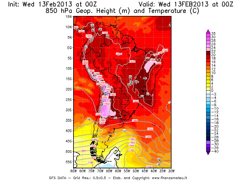 Mappa di analisi GFS - Geopotenziale [m] e Temperatura [°C] a 850 hPa in Sud-America
							del 13/02/2013 00 <!--googleoff: index-->UTC<!--googleon: index-->