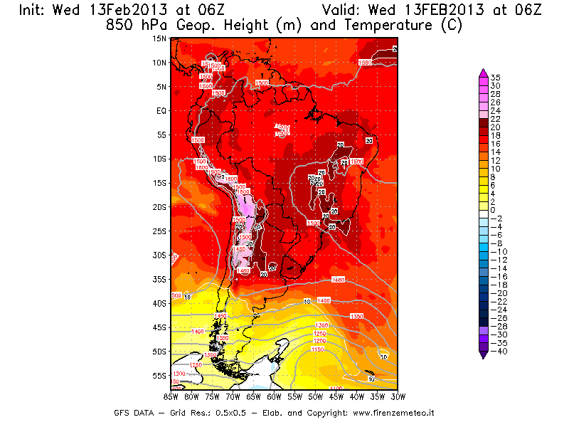 Mappa di analisi GFS - Geopotenziale [m] e Temperatura [°C] a 850 hPa in Sud-America
							del 13/02/2013 06 <!--googleoff: index-->UTC<!--googleon: index-->