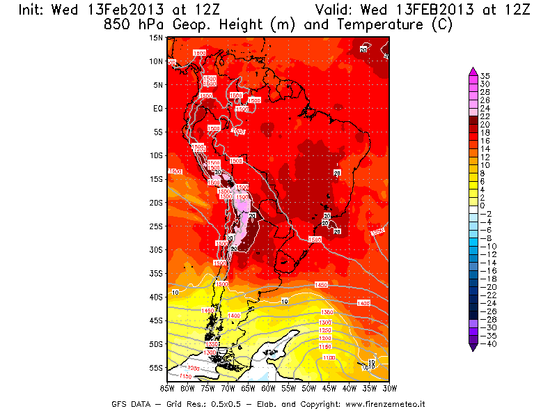 Mappa di analisi GFS - Geopotenziale [m] e Temperatura [°C] a 850 hPa in Sud-America
							del 13/02/2013 12 <!--googleoff: index-->UTC<!--googleon: index-->