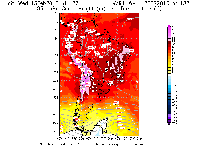 Mappa di analisi GFS - Geopotenziale [m] e Temperatura [°C] a 850 hPa in Sud-America
							del 13/02/2013 18 <!--googleoff: index-->UTC<!--googleon: index-->