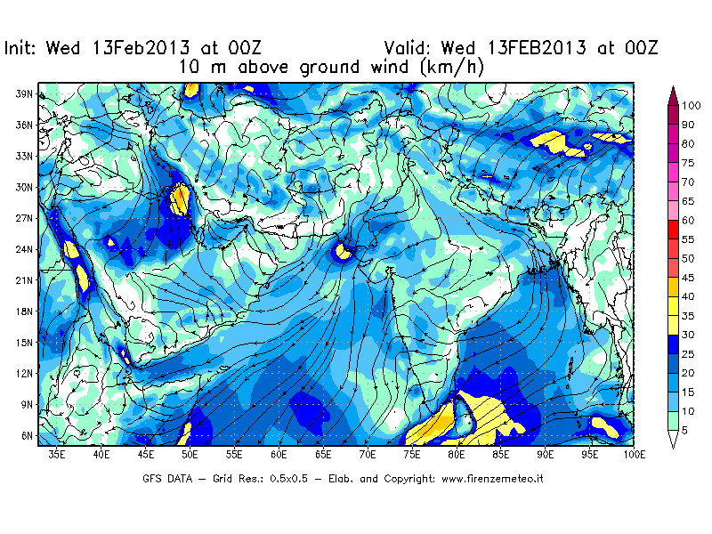 Mappa di analisi GFS - Velocità del vento a 10 metri dal suolo [km/h] in Asia Sud-Occidentale
							del 13/02/2013 00 <!--googleoff: index-->UTC<!--googleon: index-->