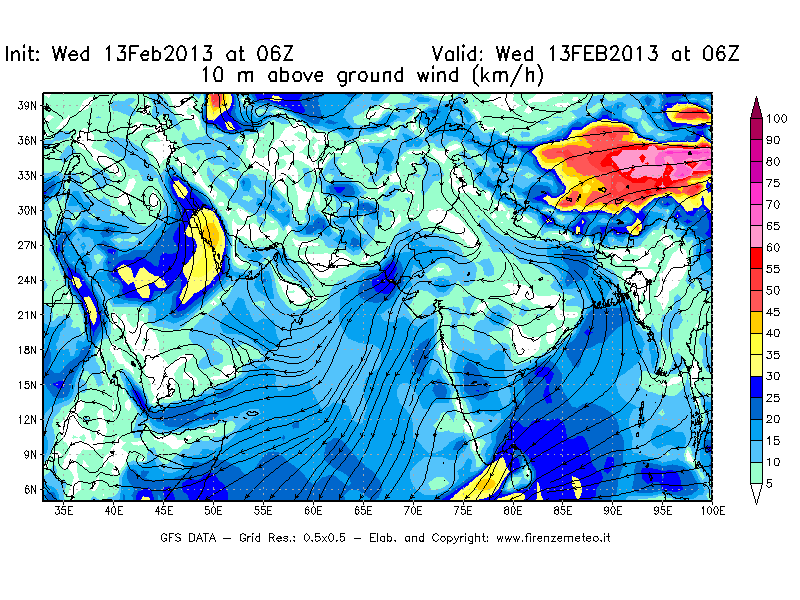 Mappa di analisi GFS - Velocità del vento a 10 metri dal suolo [km/h] in Asia Sud-Occidentale
							del 13/02/2013 06 <!--googleoff: index-->UTC<!--googleon: index-->