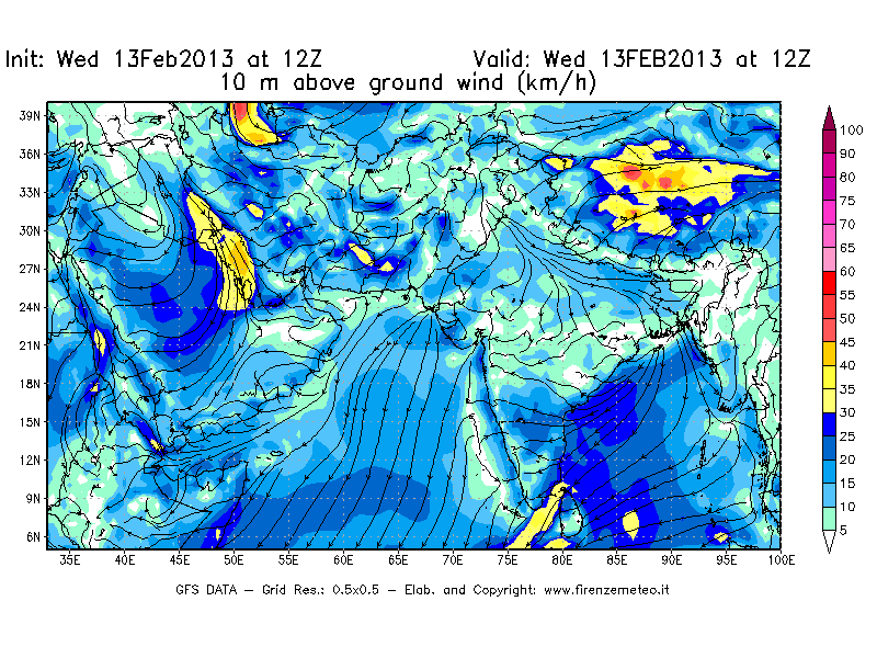 Mappa di analisi GFS - Velocità del vento a 10 metri dal suolo [km/h] in Asia Sud-Occidentale
							del 13/02/2013 12 <!--googleoff: index-->UTC<!--googleon: index-->