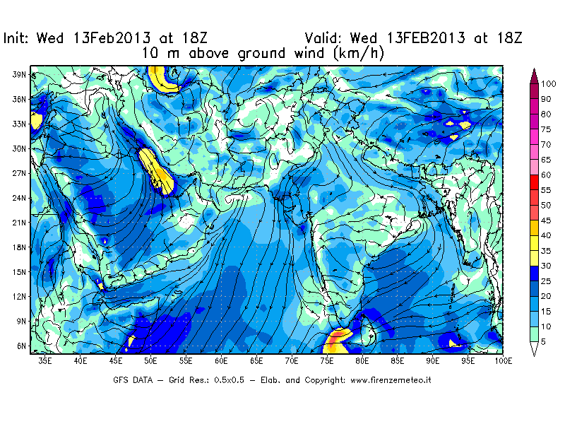 Mappa di analisi GFS - Velocità del vento a 10 metri dal suolo [km/h] in Asia Sud-Occidentale
							del 13/02/2013 18 <!--googleoff: index-->UTC<!--googleon: index-->