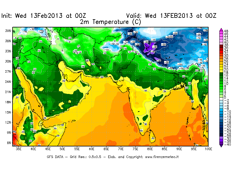 Mappa di analisi GFS - Temperatura a 2 metri dal suolo [°C] in Asia Sud-Occidentale
							del 13/02/2013 00 <!--googleoff: index-->UTC<!--googleon: index-->