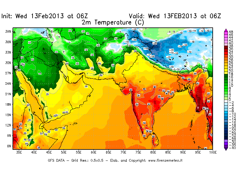 Mappa di analisi GFS - Temperatura a 2 metri dal suolo [°C] in Asia Sud-Occidentale
							del 13/02/2013 06 <!--googleoff: index-->UTC<!--googleon: index-->
