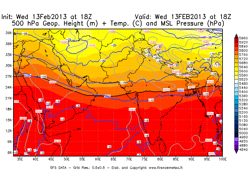 Mappa di analisi GFS - Geopotenziale [m] + Temp. [°C] a 500 hPa + Press. a livello del mare [hPa] in Asia Sud-Occidentale
							del 13/02/2013 18 <!--googleoff: index-->UTC<!--googleon: index-->