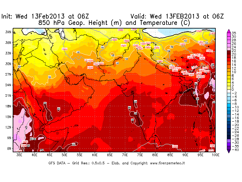 Mappa di analisi GFS - Geopotenziale [m] e Temperatura [°C] a 850 hPa in Asia Sud-Occidentale
							del 13/02/2013 06 <!--googleoff: index-->UTC<!--googleon: index-->