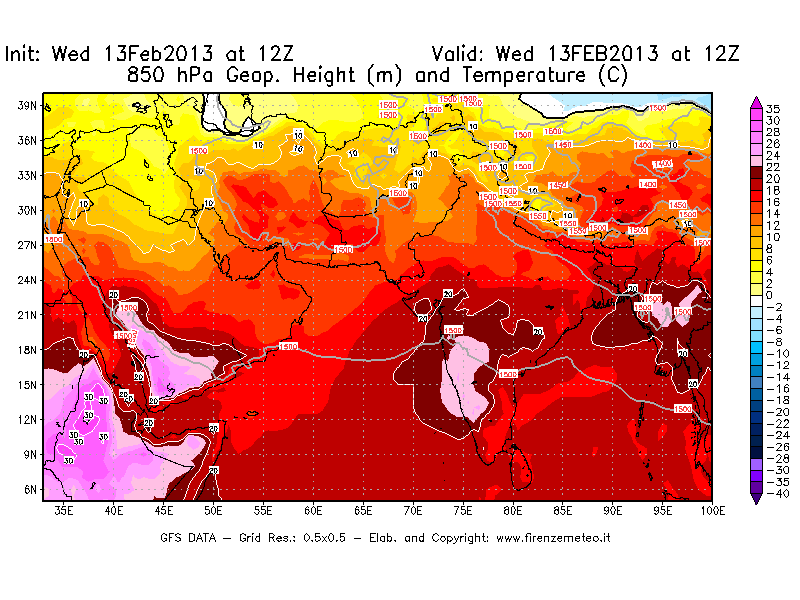 Mappa di analisi GFS - Geopotenziale [m] e Temperatura [°C] a 850 hPa in Asia Sud-Occidentale
							del 13/02/2013 12 <!--googleoff: index-->UTC<!--googleon: index-->