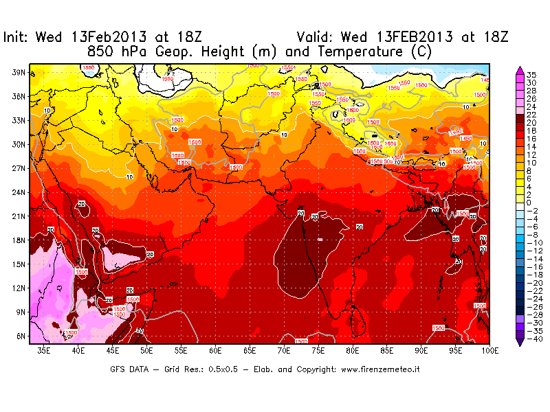 Mappa di analisi GFS - Geopotenziale [m] e Temperatura [°C] a 850 hPa in Asia Sud-Occidentale
							del 13/02/2013 18 <!--googleoff: index-->UTC<!--googleon: index-->