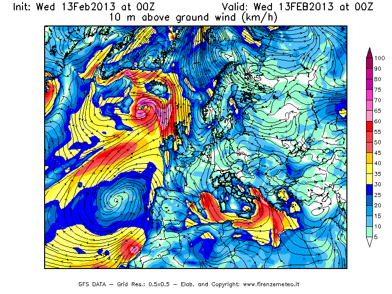 Mappa di analisi GFS - Velocità del vento a 10 metri dal suolo [km/h] in Europa
							del 13/02/2013 00 <!--googleoff: index-->UTC<!--googleon: index-->