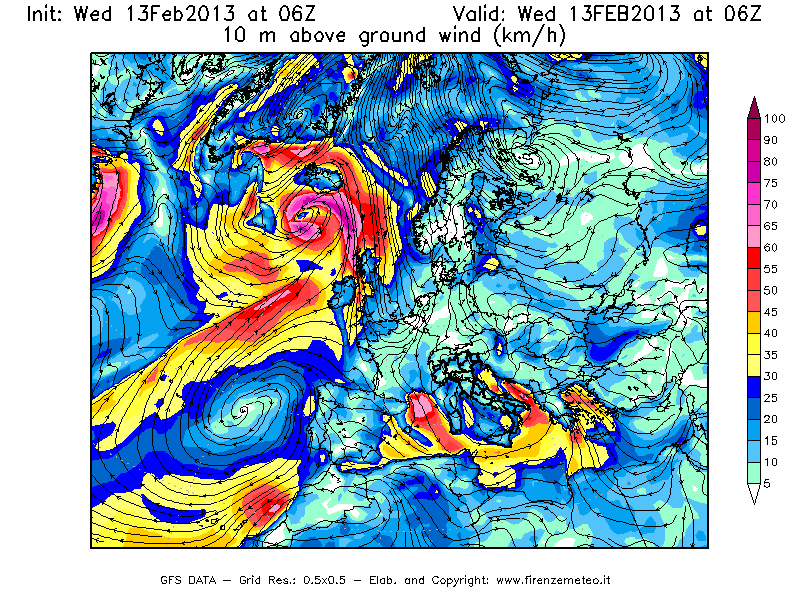 Mappa di analisi GFS - Velocità del vento a 10 metri dal suolo [km/h] in Europa
							del 13/02/2013 06 <!--googleoff: index-->UTC<!--googleon: index-->