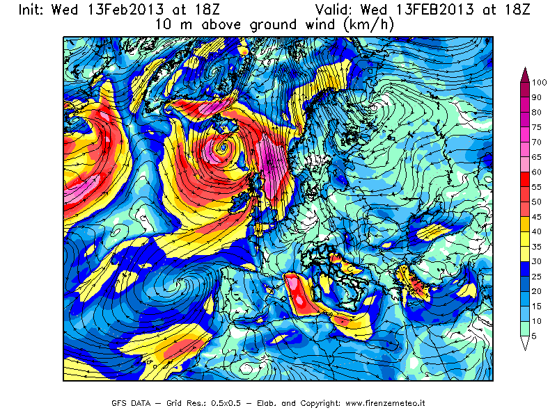 Mappa di analisi GFS - Velocità del vento a 10 metri dal suolo [km/h] in Europa
							del 13/02/2013 18 <!--googleoff: index-->UTC<!--googleon: index-->