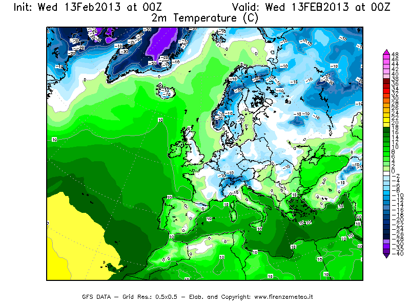 Mappa di analisi GFS - Temperatura a 2 metri dal suolo [°C] in Europa
							del 13/02/2013 00 <!--googleoff: index-->UTC<!--googleon: index-->