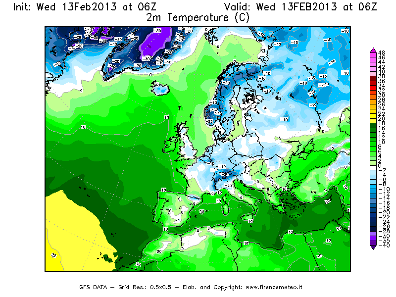Mappa di analisi GFS - Temperatura a 2 metri dal suolo [°C] in Europa
							del 13/02/2013 06 <!--googleoff: index-->UTC<!--googleon: index-->