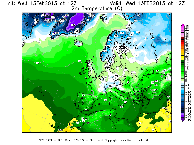 Mappa di analisi GFS - Temperatura a 2 metri dal suolo [°C] in Europa
							del 13/02/2013 12 <!--googleoff: index-->UTC<!--googleon: index-->
