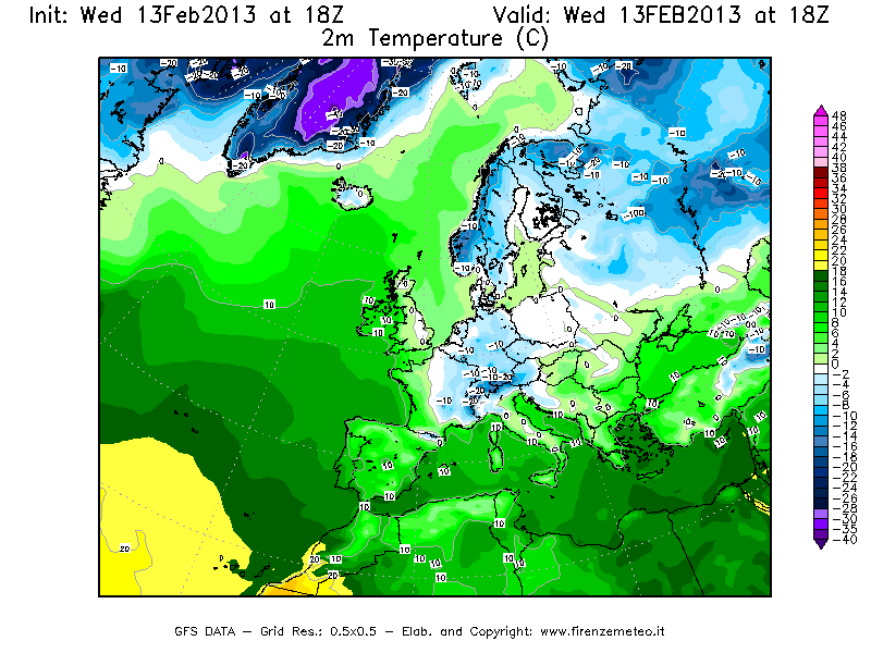 Mappa di analisi GFS - Temperatura a 2 metri dal suolo [°C] in Europa
							del 13/02/2013 18 <!--googleoff: index-->UTC<!--googleon: index-->