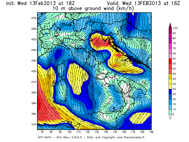 Mappa di analisi GFS - Velocità del vento a 10 metri dal suolo [km/h] in Italia
							del 13/02/2013 18 <!--googleoff: index-->UTC<!--googleon: index-->