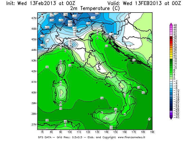 Mappa di analisi GFS - Temperatura a 2 metri dal suolo [°C] in Italia
							del 13/02/2013 00 <!--googleoff: index-->UTC<!--googleon: index-->