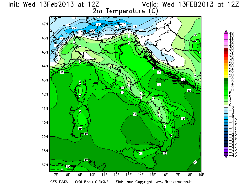 Mappa di analisi GFS - Temperatura a 2 metri dal suolo [°C] in Italia
							del 13/02/2013 12 <!--googleoff: index-->UTC<!--googleon: index-->