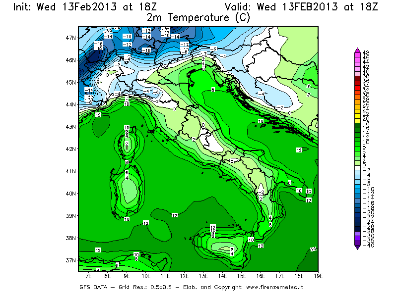 Mappa di analisi GFS - Temperatura a 2 metri dal suolo [°C] in Italia
							del 13/02/2013 18 <!--googleoff: index-->UTC<!--googleon: index-->