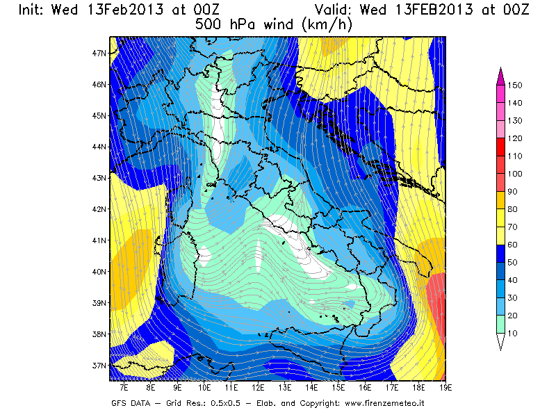 Mappa di analisi GFS - Velocità del vento a 500 hPa [km/h] in Italia
							del 13/02/2013 00 <!--googleoff: index-->UTC<!--googleon: index-->
