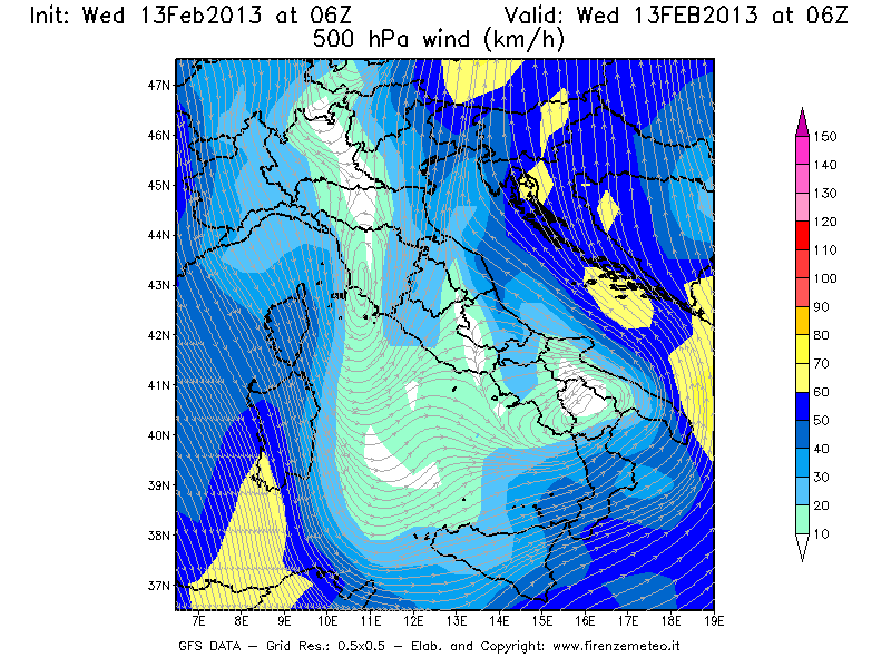 Mappa di analisi GFS - Velocità del vento a 500 hPa [km/h] in Italia
							del 13/02/2013 06 <!--googleoff: index-->UTC<!--googleon: index-->