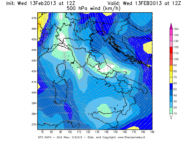 Mappa di analisi GFS - Velocità del vento a 500 hPa [km/h] in Italia
							del 13/02/2013 12 <!--googleoff: index-->UTC<!--googleon: index-->