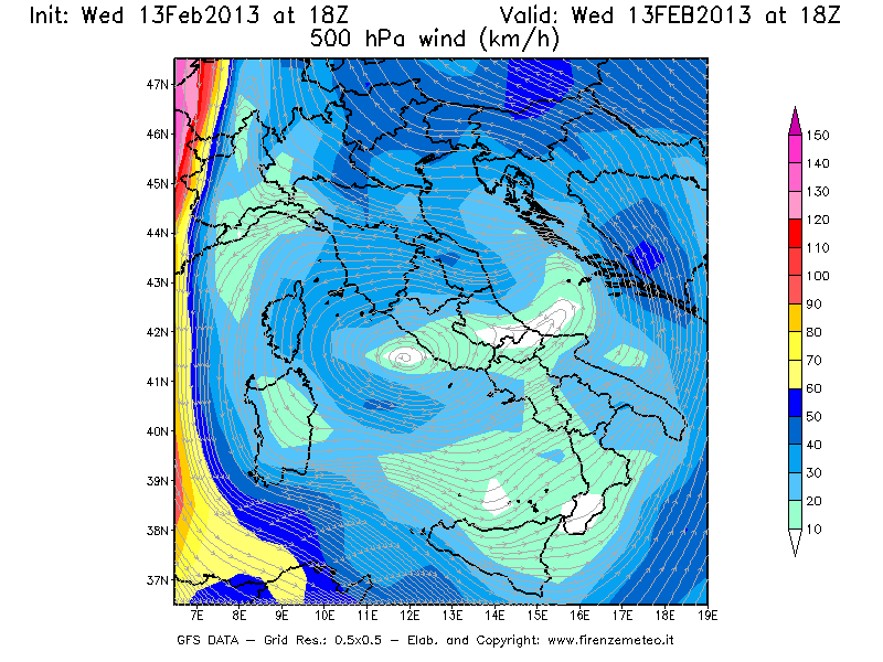 Mappa di analisi GFS - Velocità del vento a 500 hPa [km/h] in Italia
							del 13/02/2013 18 <!--googleoff: index-->UTC<!--googleon: index-->