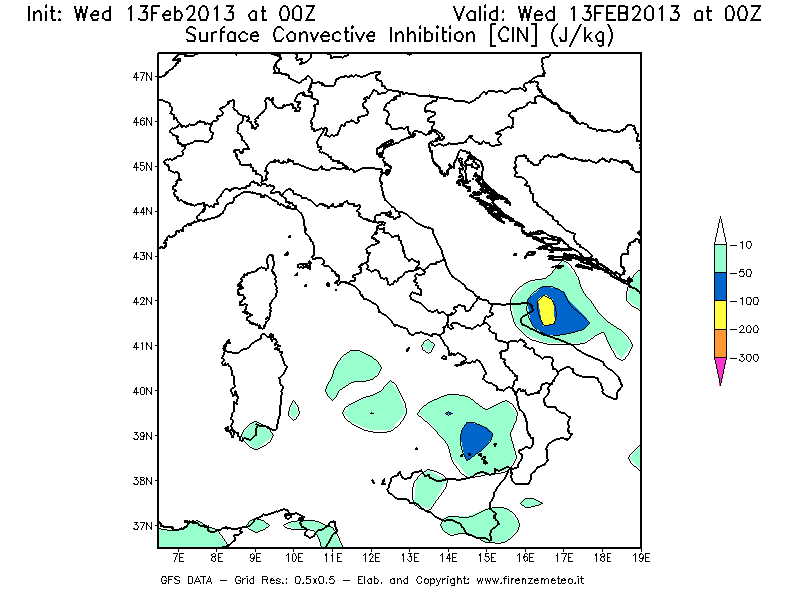 Mappa di analisi GFS - CIN [J/kg] in Italia
							del 13/02/2013 00 <!--googleoff: index-->UTC<!--googleon: index-->
