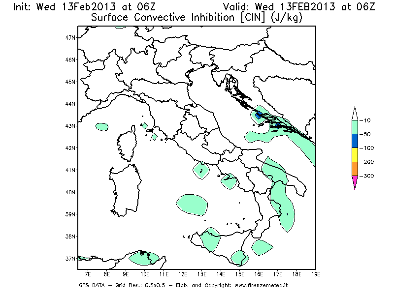 Mappa di analisi GFS - CIN [J/kg] in Italia
							del 13/02/2013 06 <!--googleoff: index-->UTC<!--googleon: index-->