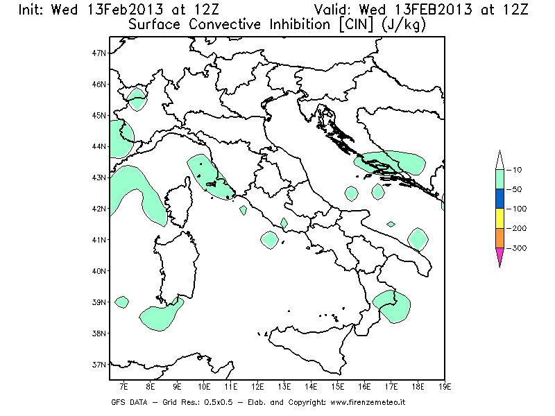 Mappa di analisi GFS - CIN [J/kg] in Italia
							del 13/02/2013 12 <!--googleoff: index-->UTC<!--googleon: index-->