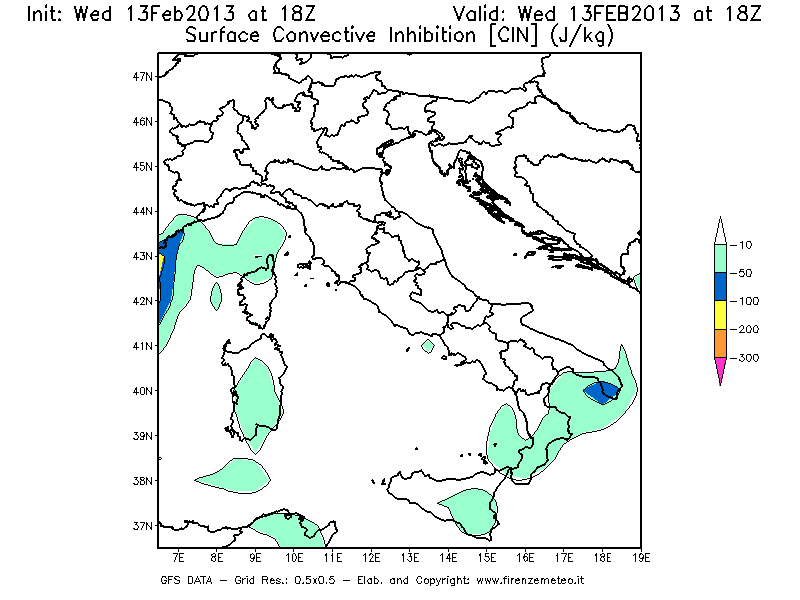 Mappa di analisi GFS - CIN [J/kg] in Italia
							del 13/02/2013 18 <!--googleoff: index-->UTC<!--googleon: index-->