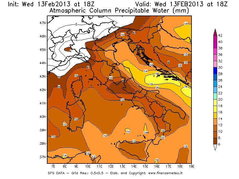 Mappa di analisi GFS - Precipitable Water [mm] in Italia
							del 13/02/2013 18 <!--googleoff: index-->UTC<!--googleon: index-->