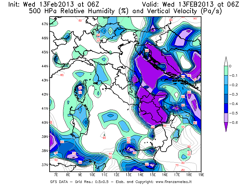 Mappa di analisi GFS - Umidità relativa [%] e Omega [Pa/s] a 500 hPa in Italia
							del 13/02/2013 06 <!--googleoff: index-->UTC<!--googleon: index-->