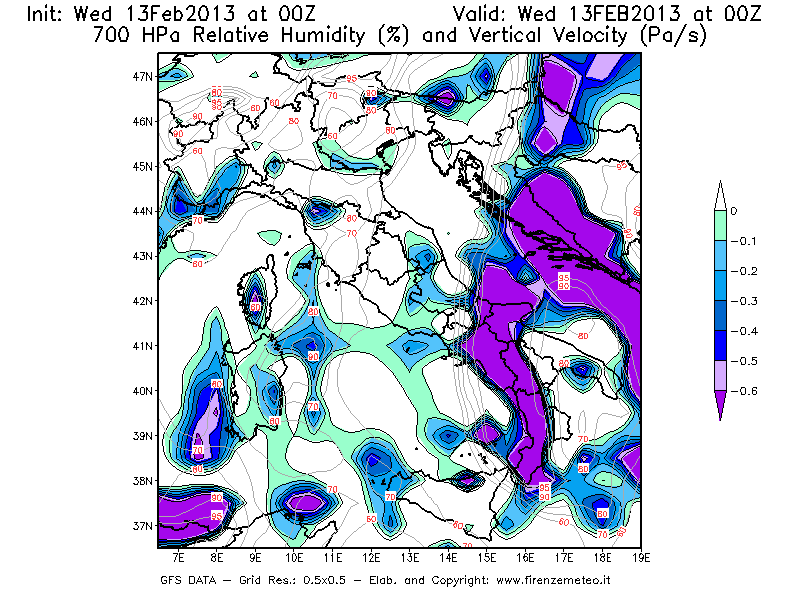Mappa di analisi GFS - Umidità relativa [%] e Omega [Pa/s] a 700 hPa in Italia
							del 13/02/2013 00 <!--googleoff: index-->UTC<!--googleon: index-->