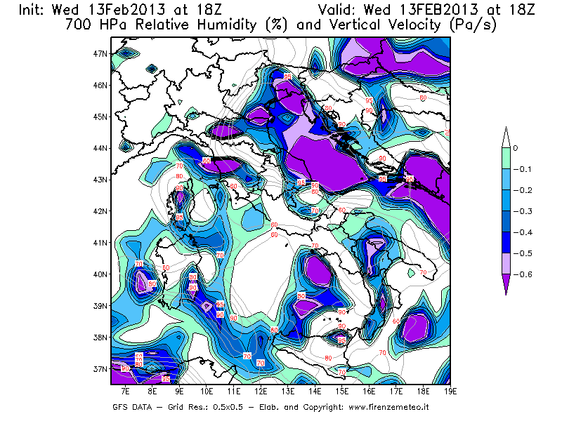 Mappa di analisi GFS - Umidità relativa [%] e Omega [Pa/s] a 700 hPa in Italia
							del 13/02/2013 18 <!--googleoff: index-->UTC<!--googleon: index-->