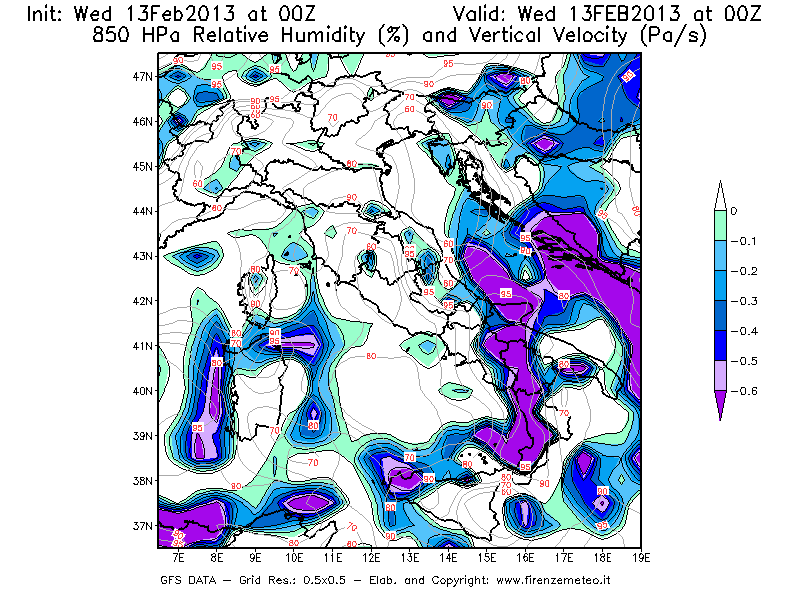 Mappa di analisi GFS - Umidità relativa [%] e Omega [Pa/s] a 850 hPa in Italia
							del 13/02/2013 00 <!--googleoff: index-->UTC<!--googleon: index-->