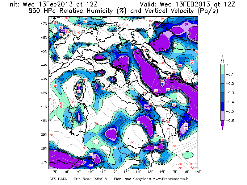 Mappa di analisi GFS - Umidità relativa [%] e Omega [Pa/s] a 850 hPa in Italia
							del 13/02/2013 12 <!--googleoff: index-->UTC<!--googleon: index-->