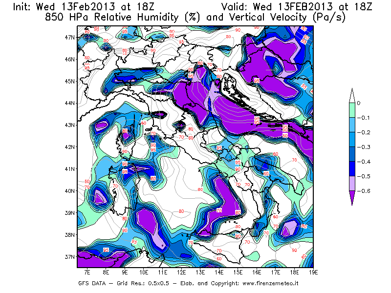 Mappa di analisi GFS - Umidità relativa [%] e Omega [Pa/s] a 850 hPa in Italia
							del 13/02/2013 18 <!--googleoff: index-->UTC<!--googleon: index-->