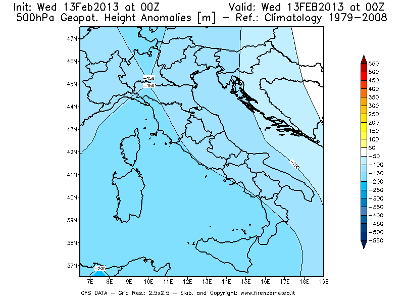 Mappa di analisi GFS - Anomalia di Geopotenziale a 500 hPa in Italia
							del 13/02/2013 00 <!--googleoff: index-->UTC<!--googleon: index-->