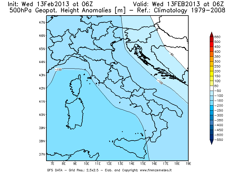 Mappa di analisi GFS - Anomalia di Geopotenziale a 500 hPa in Italia
							del 13/02/2013 06 <!--googleoff: index-->UTC<!--googleon: index-->