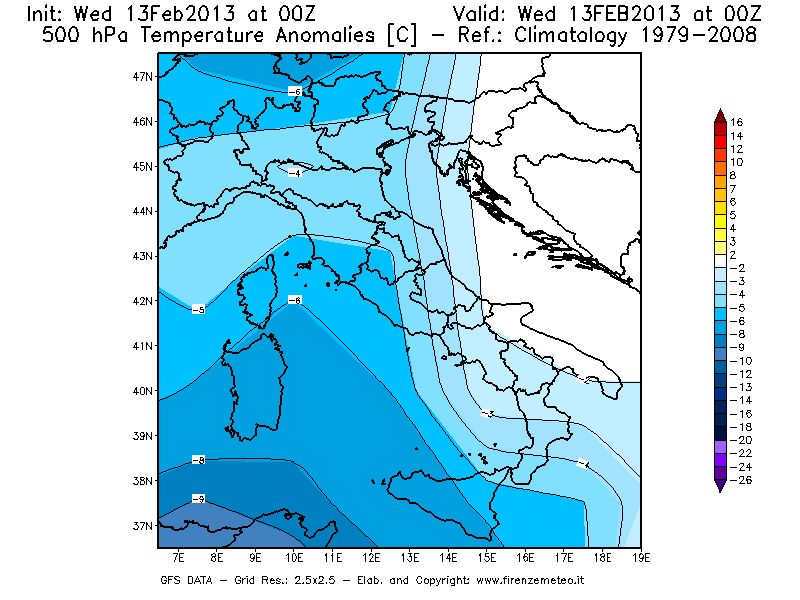 Mappa di analisi GFS - Anomalia Temperatura [°C] a 500 hPa in Italia
							del 13/02/2013 00 <!--googleoff: index-->UTC<!--googleon: index-->