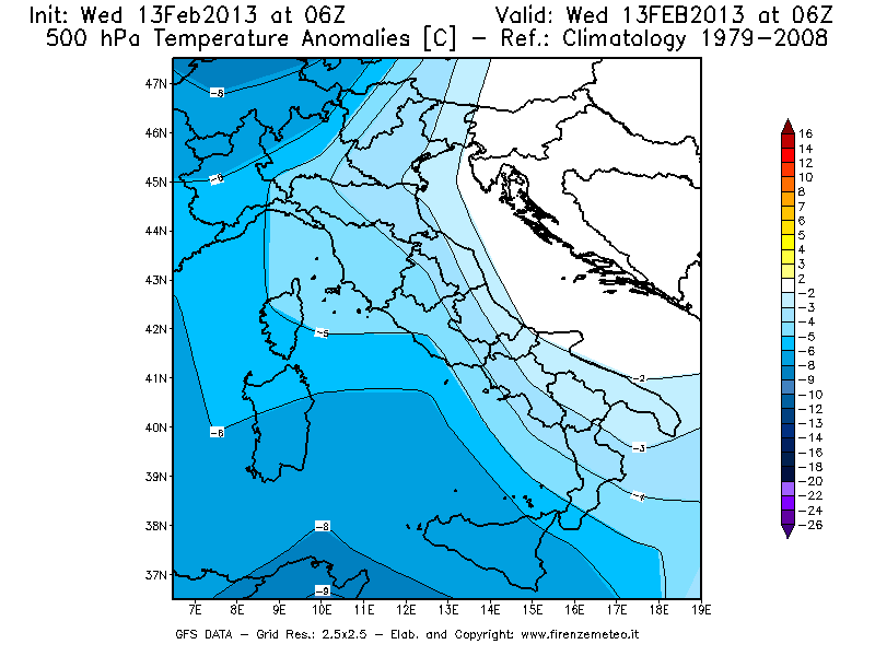 Mappa di analisi GFS - Anomalia Temperatura [°C] a 500 hPa in Italia
							del 13/02/2013 06 <!--googleoff: index-->UTC<!--googleon: index-->