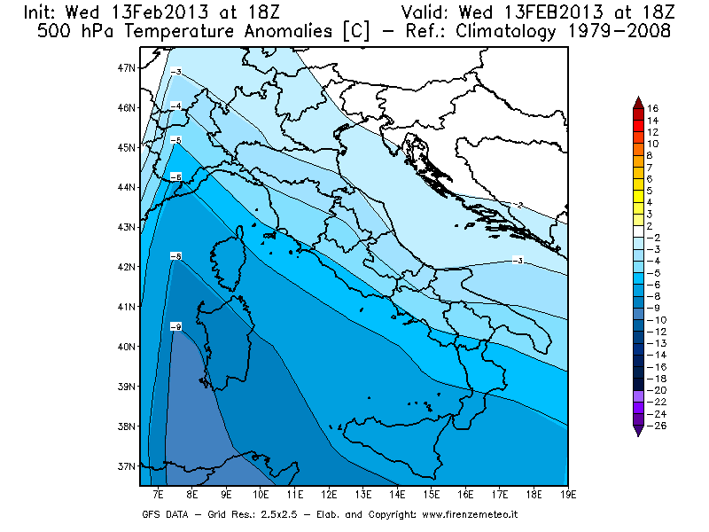 Mappa di analisi GFS - Anomalia Temperatura [°C] a 500 hPa in Italia
							del 13/02/2013 18 <!--googleoff: index-->UTC<!--googleon: index-->